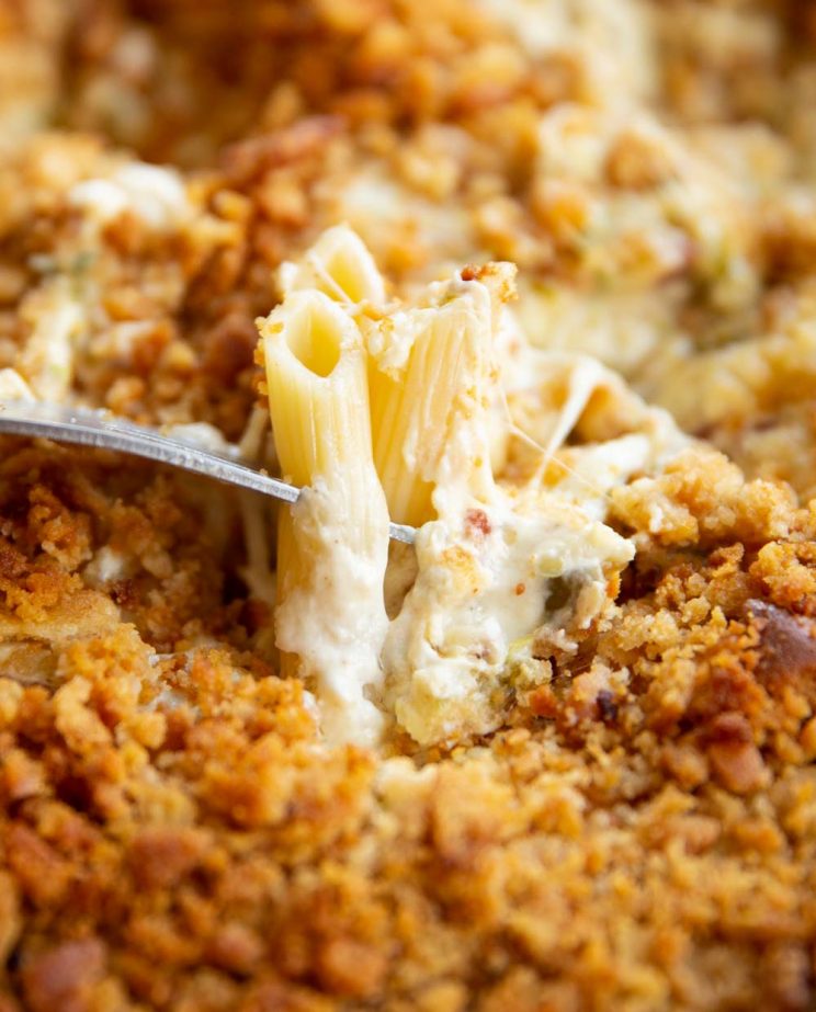 closeup shot of fork dunking penne pasta into dip