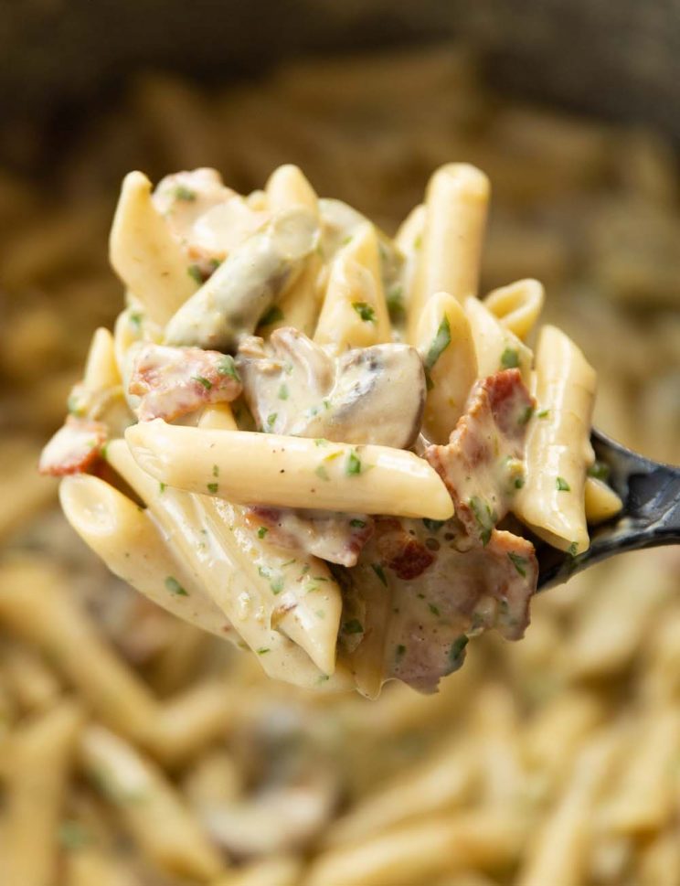 closeup shot ofpasta on serving spoon with pot blurred in background