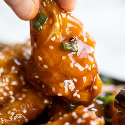 closeup shot of fingers holding chicken wing garnished with spring onion and sesame seeds