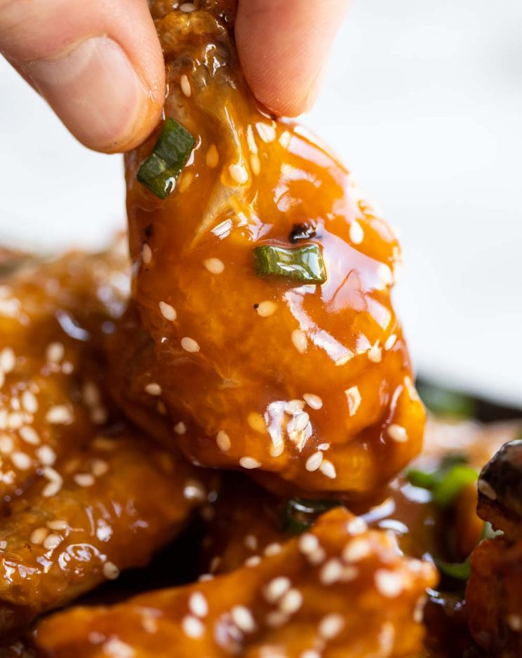 closeup shot of fingers holding chicken wing garnished with spring onion and sesame seeds