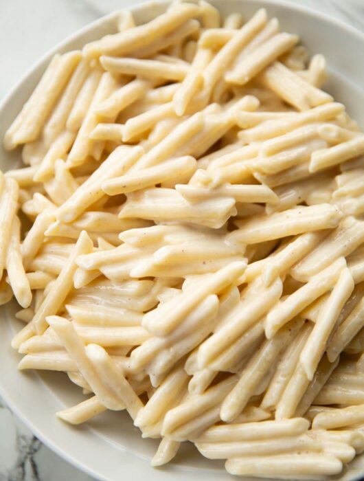 4 cheese pasta served in large white bowl