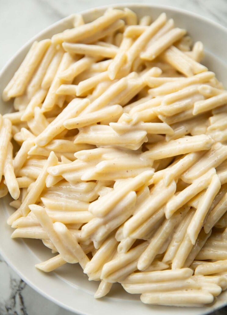 4 cheese pasta served in large white bowl