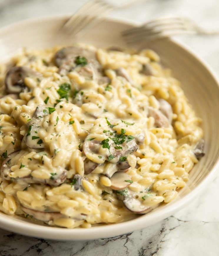 orzo in white bowl garnished with parsley with two forks resting on bowl