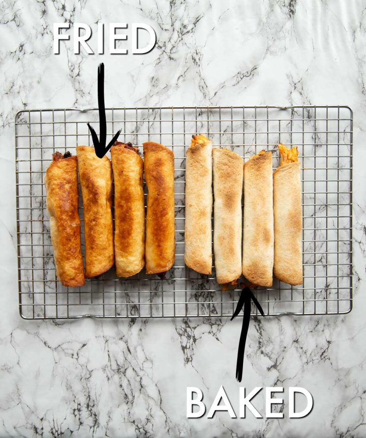 taquitos on wire rack, half baked half fried