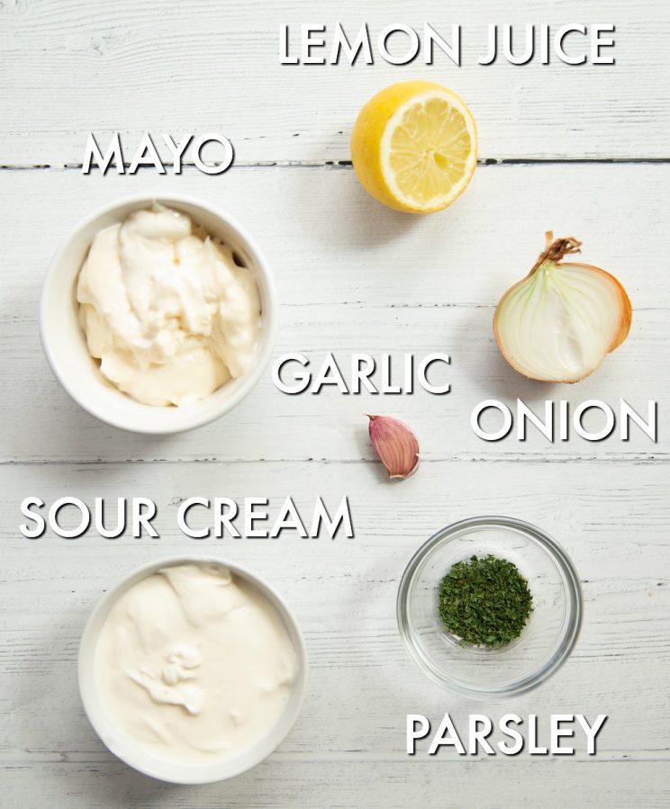 overhead shot of labelled onion and garlic dip ingredients