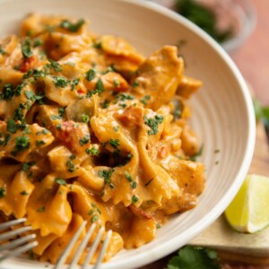 closeup shot of pasta in white bowl garnished with coriander