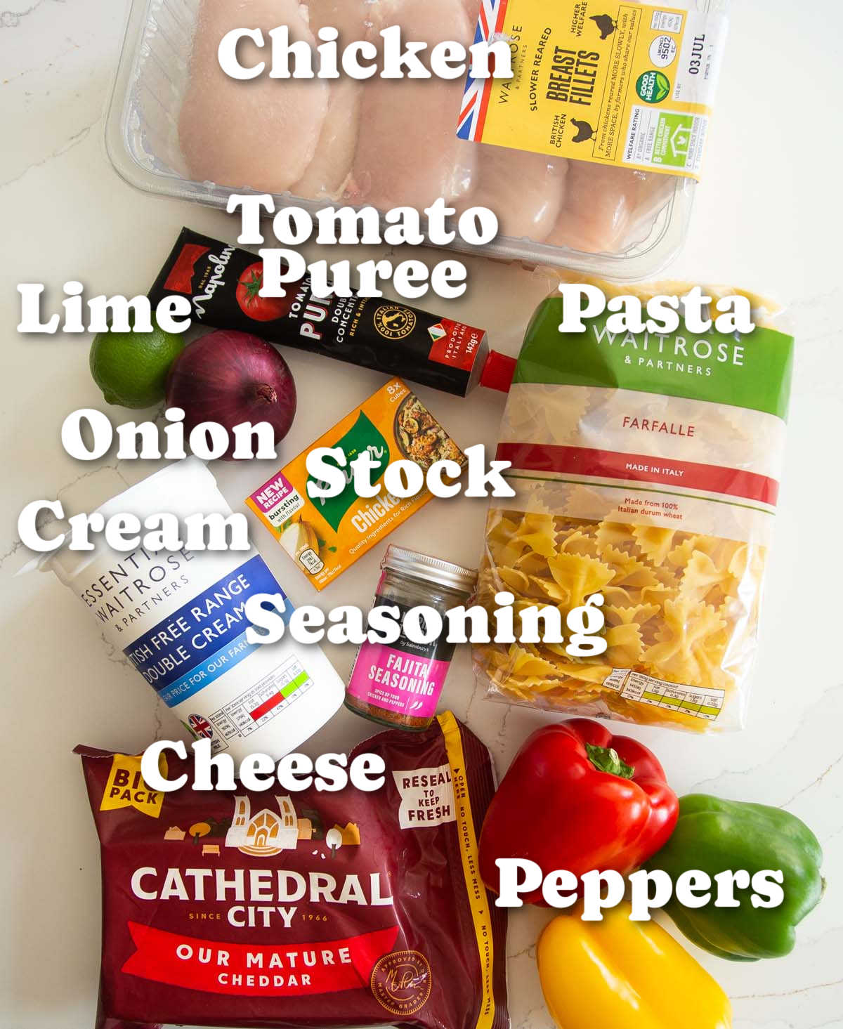 overhead shot of chicken fajita pasta ingredients with text labels