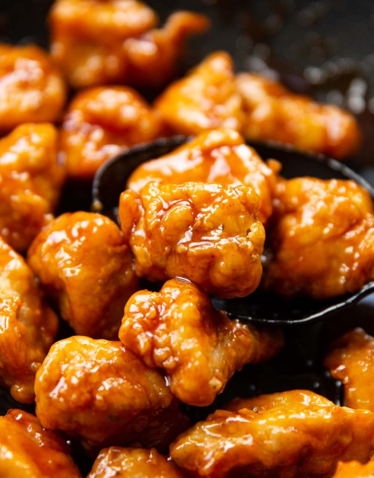 closeup shot of chicken in pan resting in ladle 