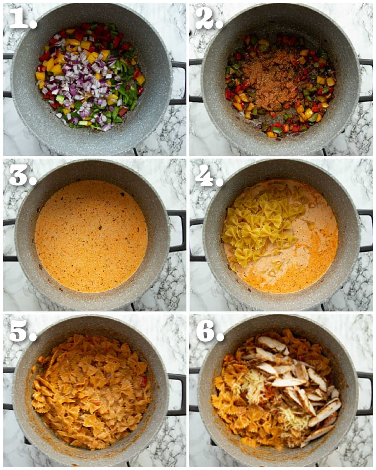 6 step by step photos showing how to make chicken fajita pasta