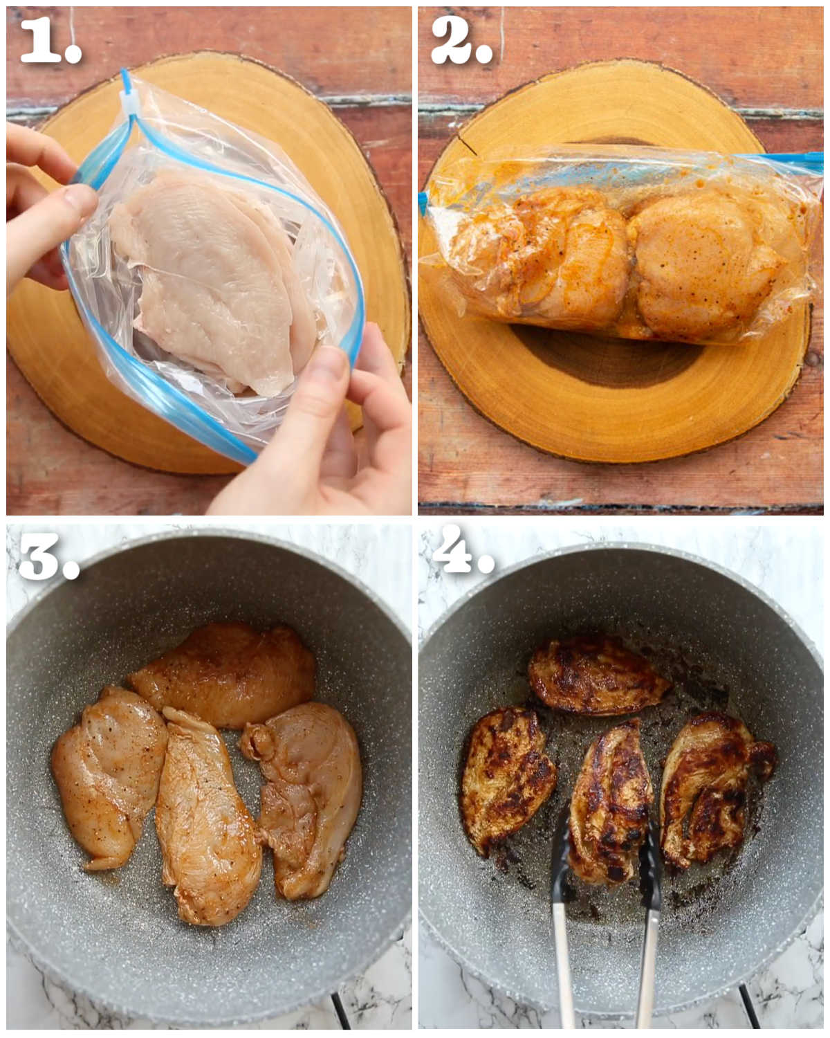 4 step by step photos showing how to make fajita chicken