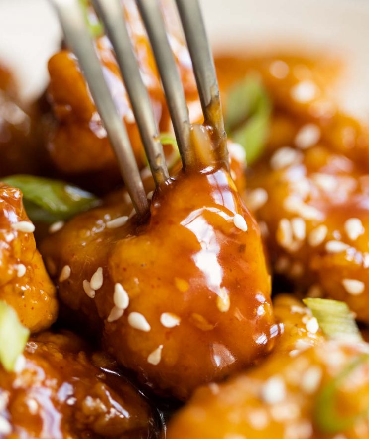 closeup shot of fork digging into chicken