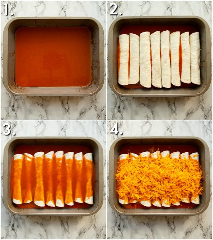 4 step by step photos showing How to bake enchiladas