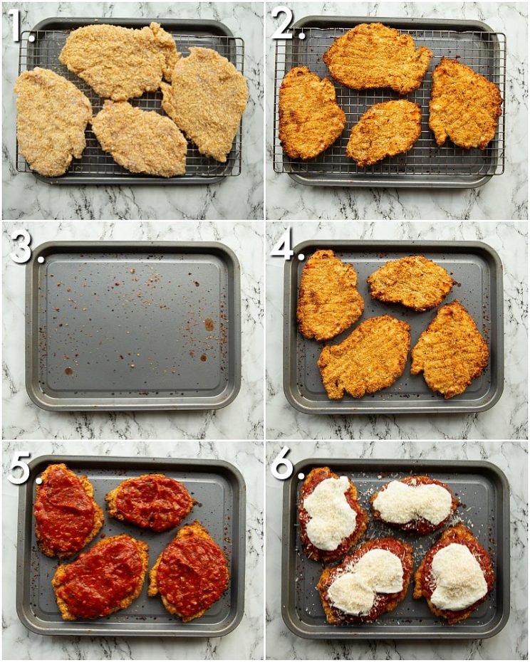 6 step by step photos showing how to make chicken parmesan