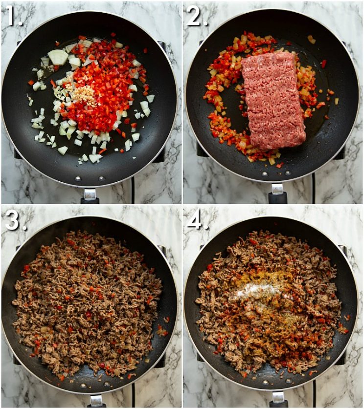 4 step by step photos showing How to make enchilada filling