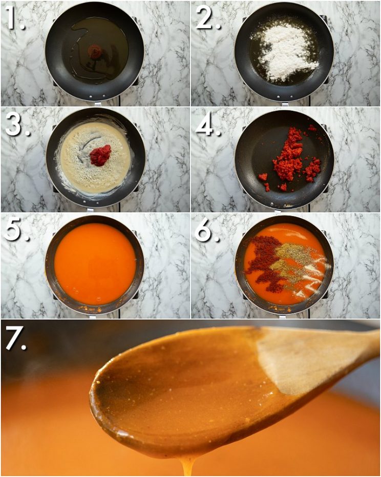 7 step by step photos showing How to make enchilada sauce