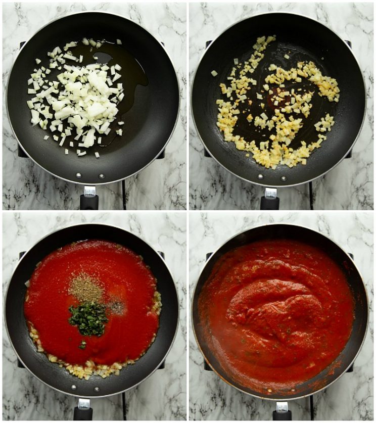 4 step by step photos showing how to make marinara sauce