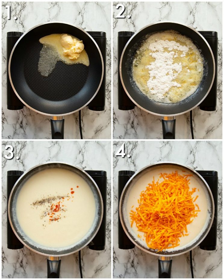 4 step by step photos showing How to make Nacho Cheese Sauce