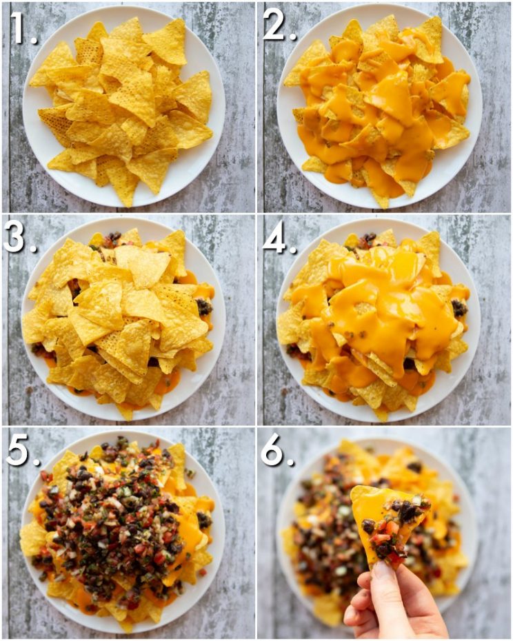 6 step by step photos showing How to make Nachos