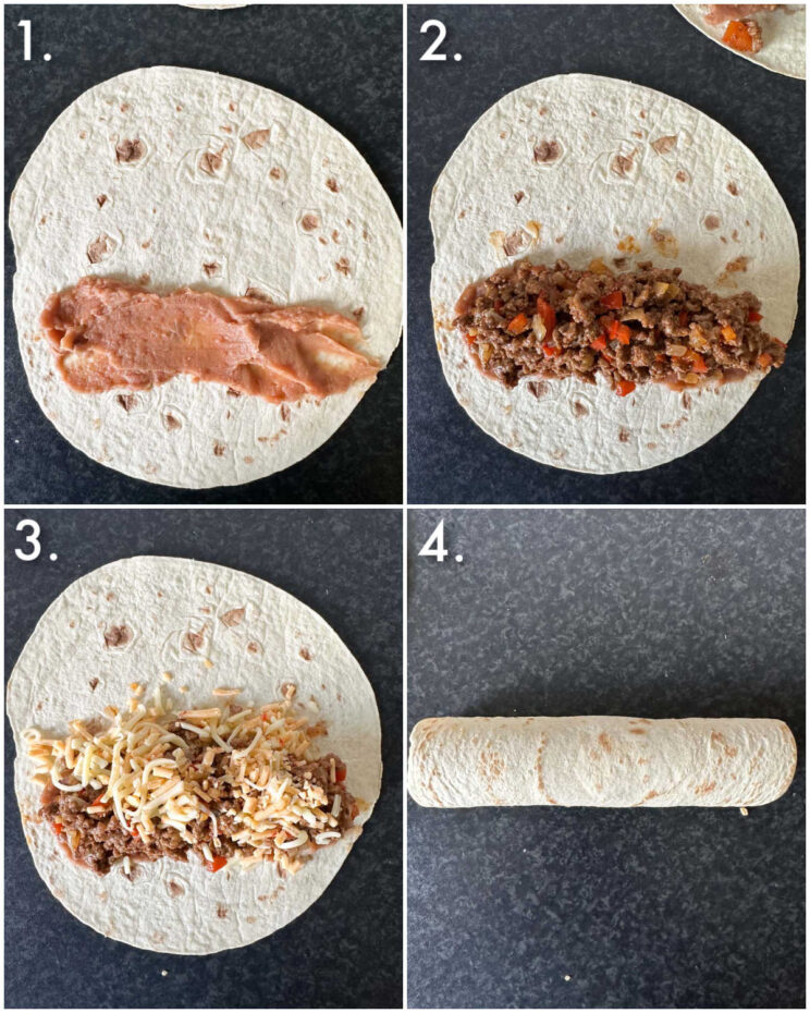 4 step by step photos showing how to roll enchiladas