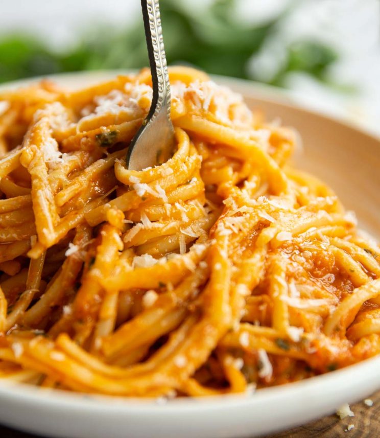 close up shot of fork twisting in pasta 