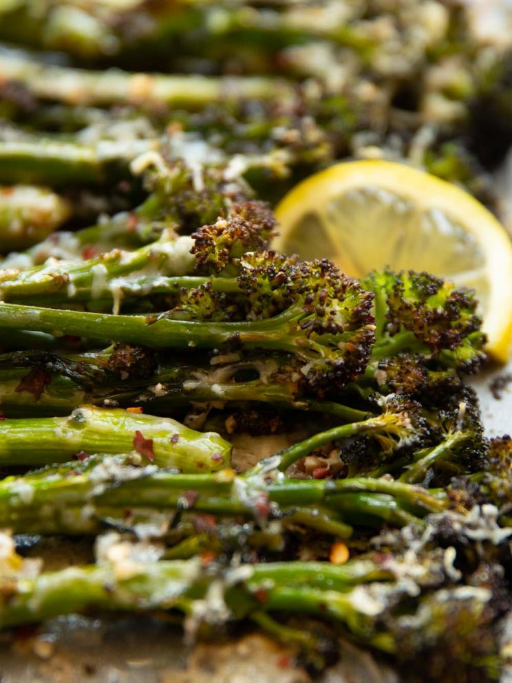 close up shot of tenderstem broccoli fresh out the oven