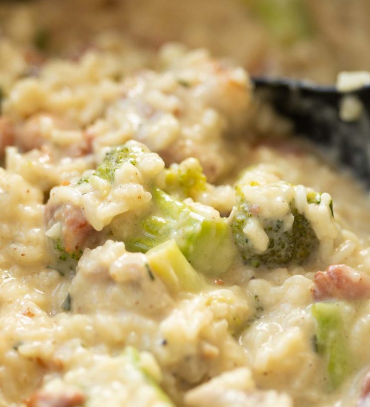 close up shot focus on broccoli in casserole dish