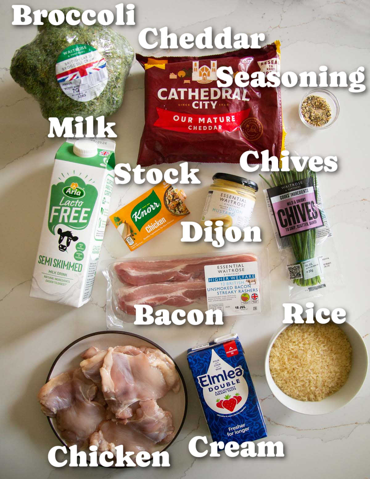 overhead shot of cheesy chicken broccoli rice ingredients with text labels