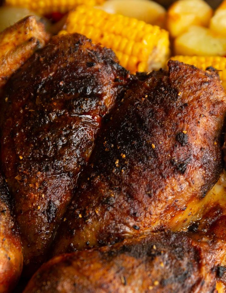 closeup shot of roast chicken showing char and spices
