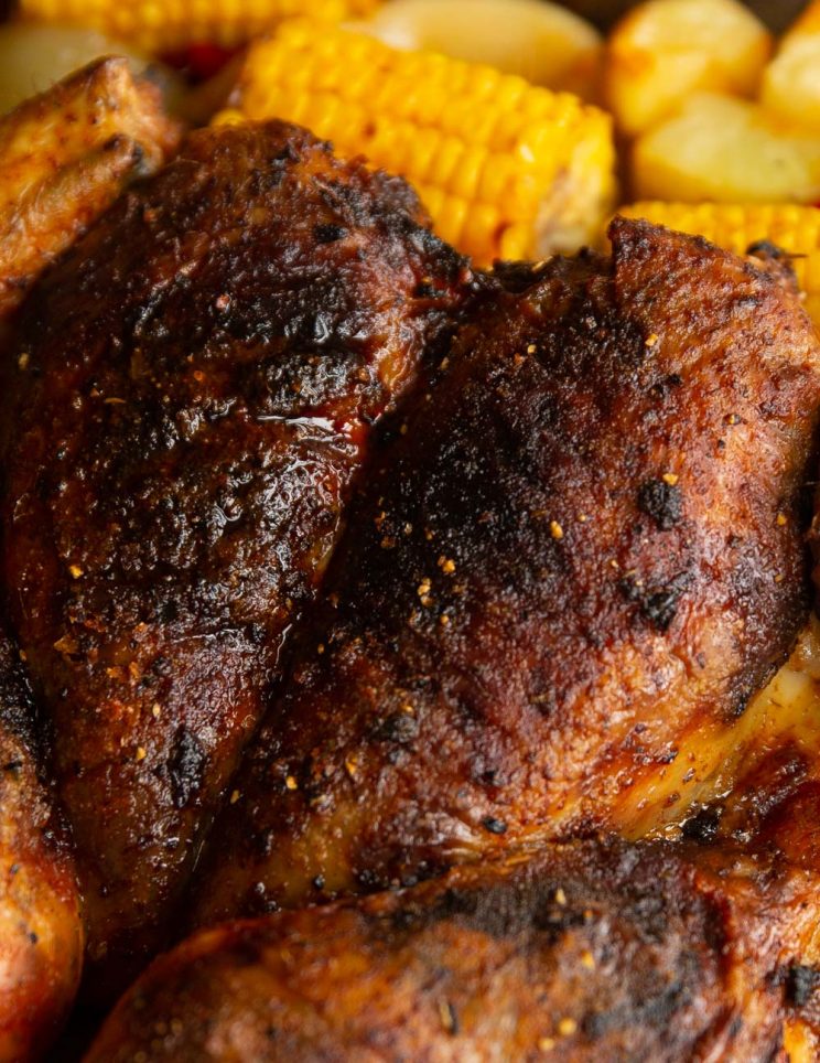 closeup shot of roast chicken showing char and spices