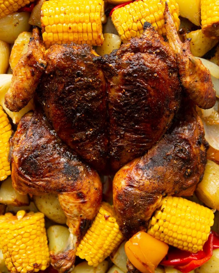 overhead shot of chicken surrounded by corn, onion and peppers on tray