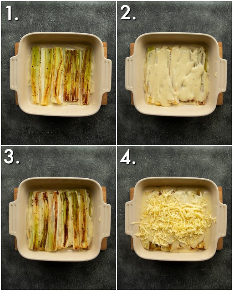 4 step by step photos showing how to bake leeks