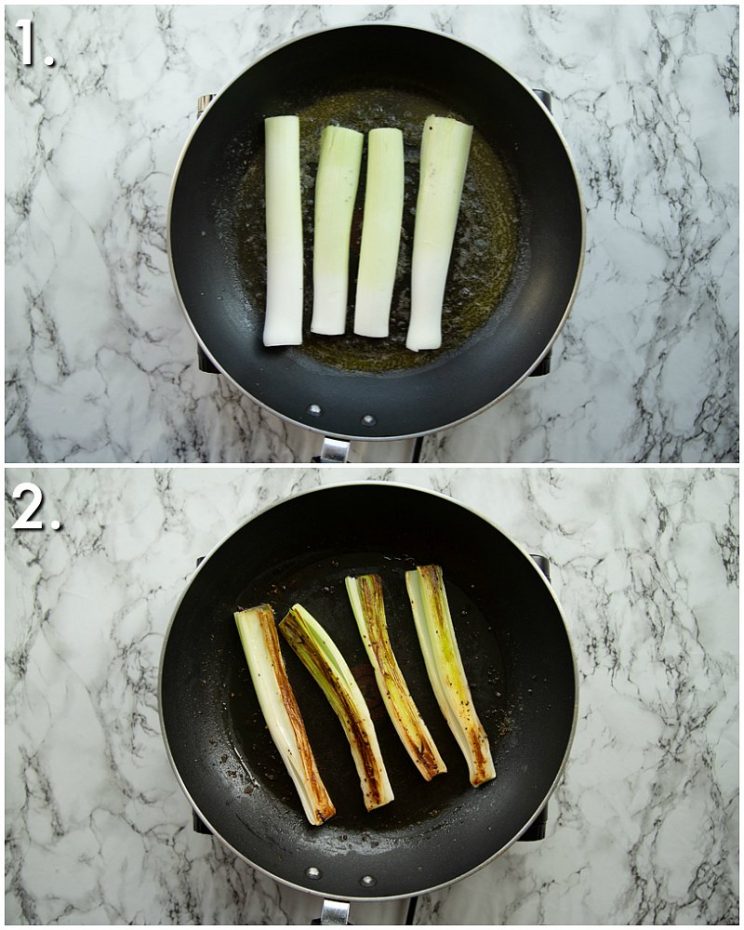 2 step by step photos showing how to fry leeks