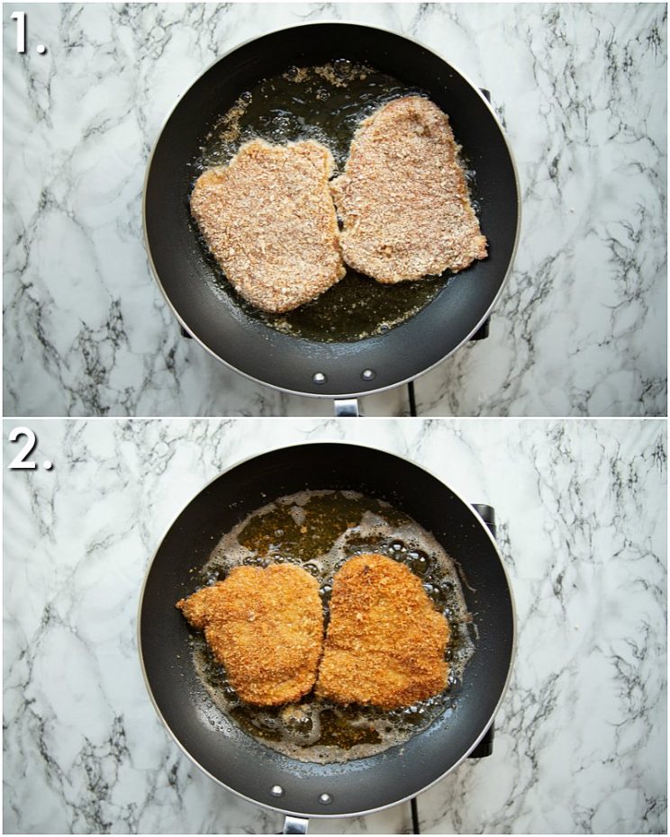 2 step by step photos showing how to fry pork schnitzel 