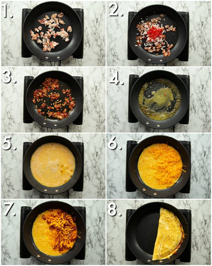 8 step by step photos showing how to make a cheese and bacon omelette