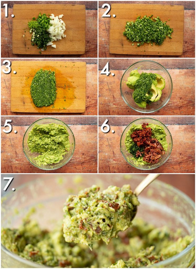 7 step by step photos showing How to make bacon guacamole