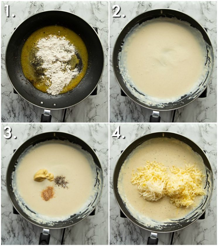 4 step by step photos showing how to make cheesy leeks
