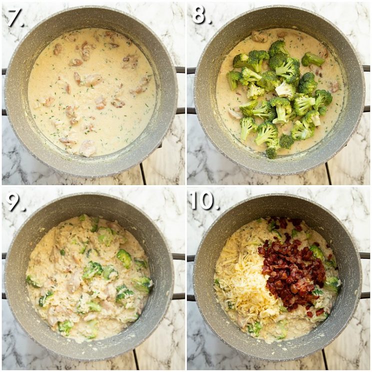4 step by step photos showing how to make chicken bacon broccoli rice