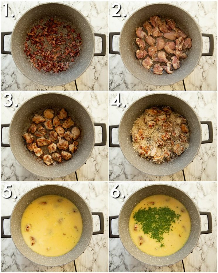 6 step by step photos showing How to make chicken bacon rice