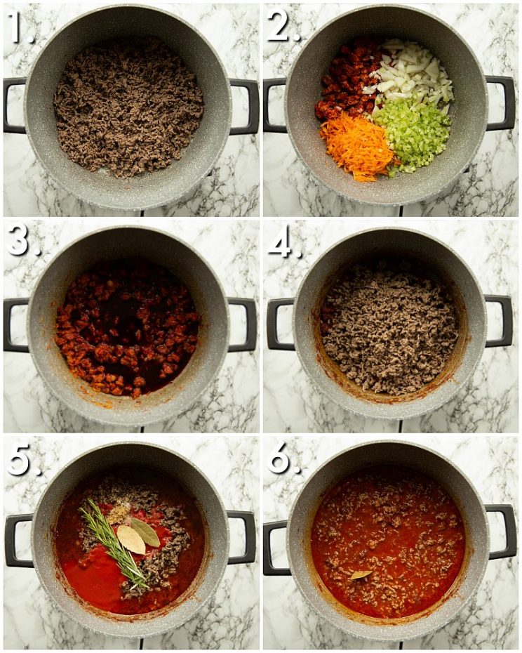 6 step by step photos showing how to make chorizo bolognese