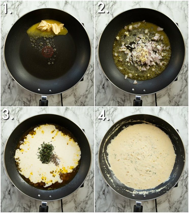 4 step by step photos showing how to make lemon thyme sauce