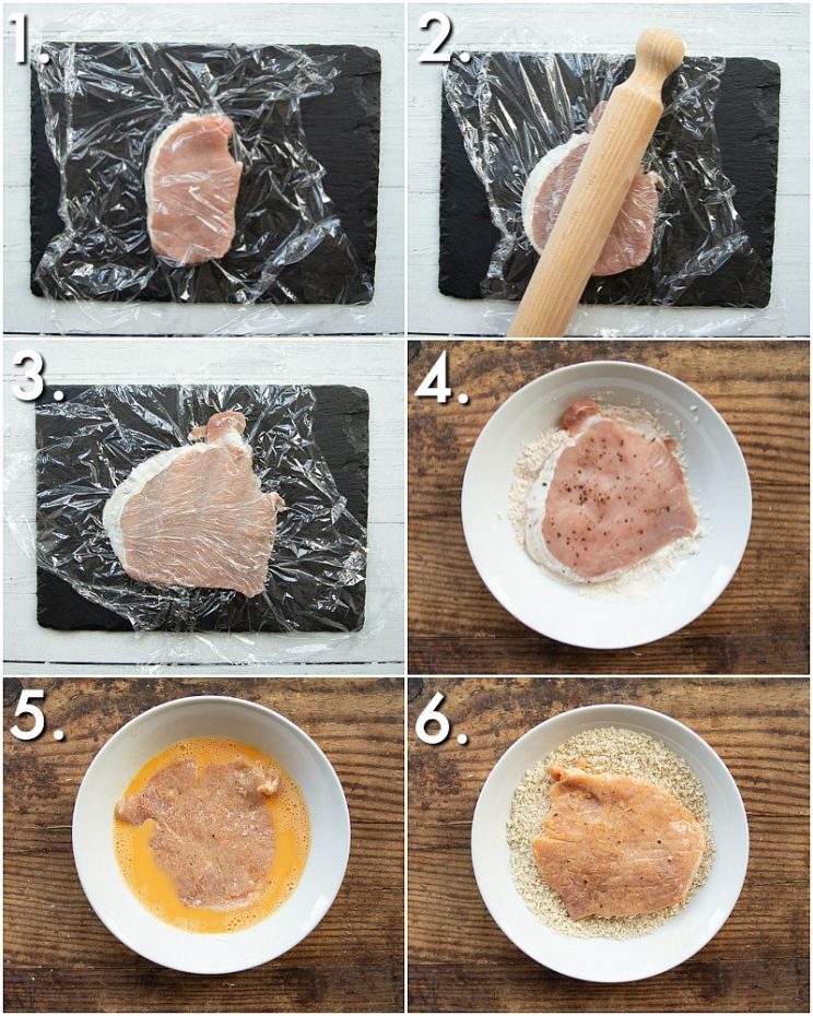 6 step by step photos showing how to make pork schnitzel