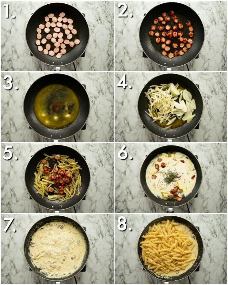 8 step by step photos showing how to make sausage and fennel pasta