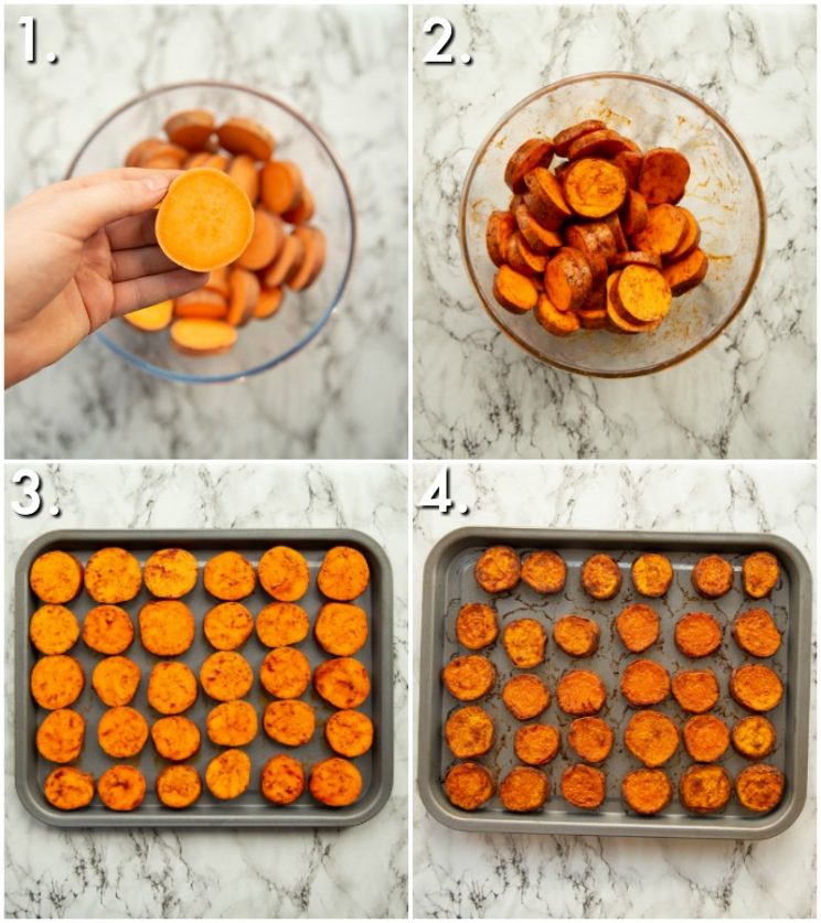 4 step by step photos showing How to make sweet potato bites