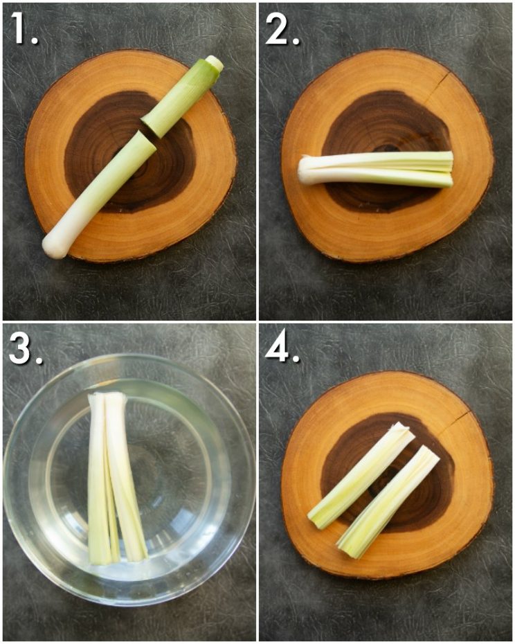 4 step by step photos showing how to prepare leeks