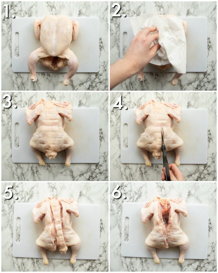 6 step by step photos showing how to spatchcock a chicken