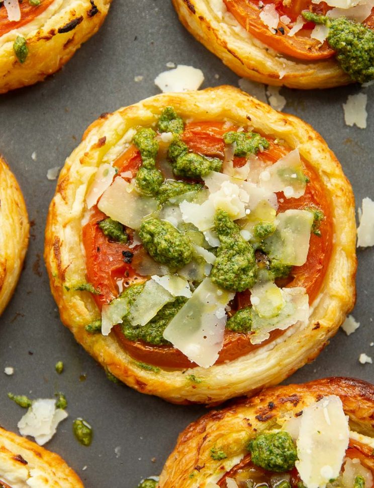 overhead shot of tomato tarts fresh out the oven