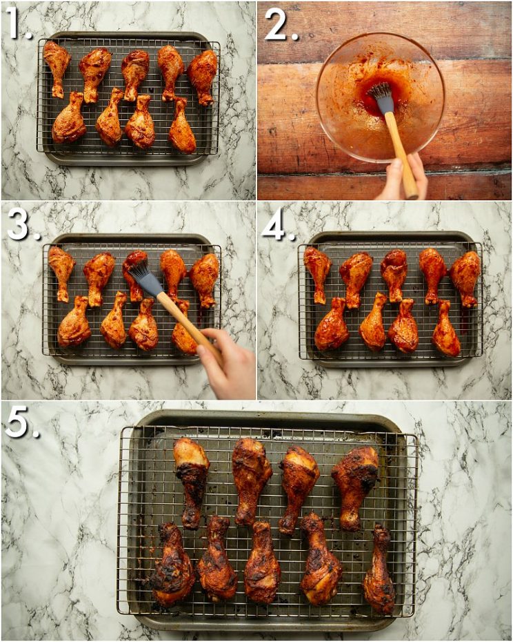 5 step by step photos showing how to bake chicken drumsticks