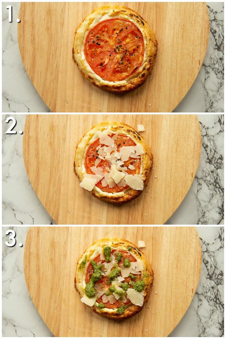 3 step by step photos showing how to garnish cheese and tomato tarts