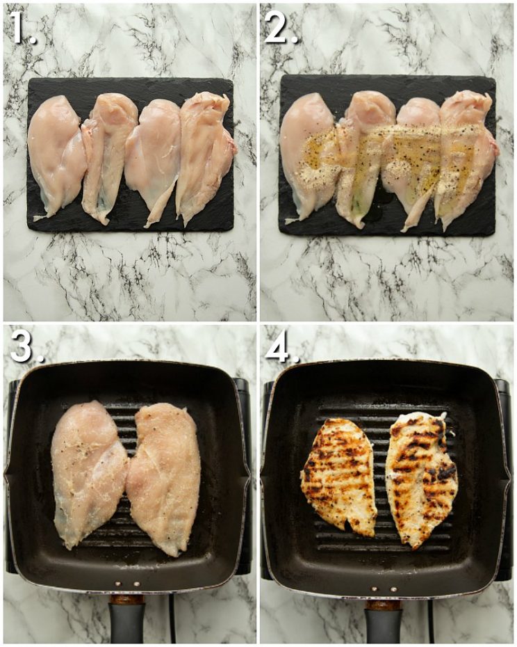 4 step by step photos showing how to grill chicken