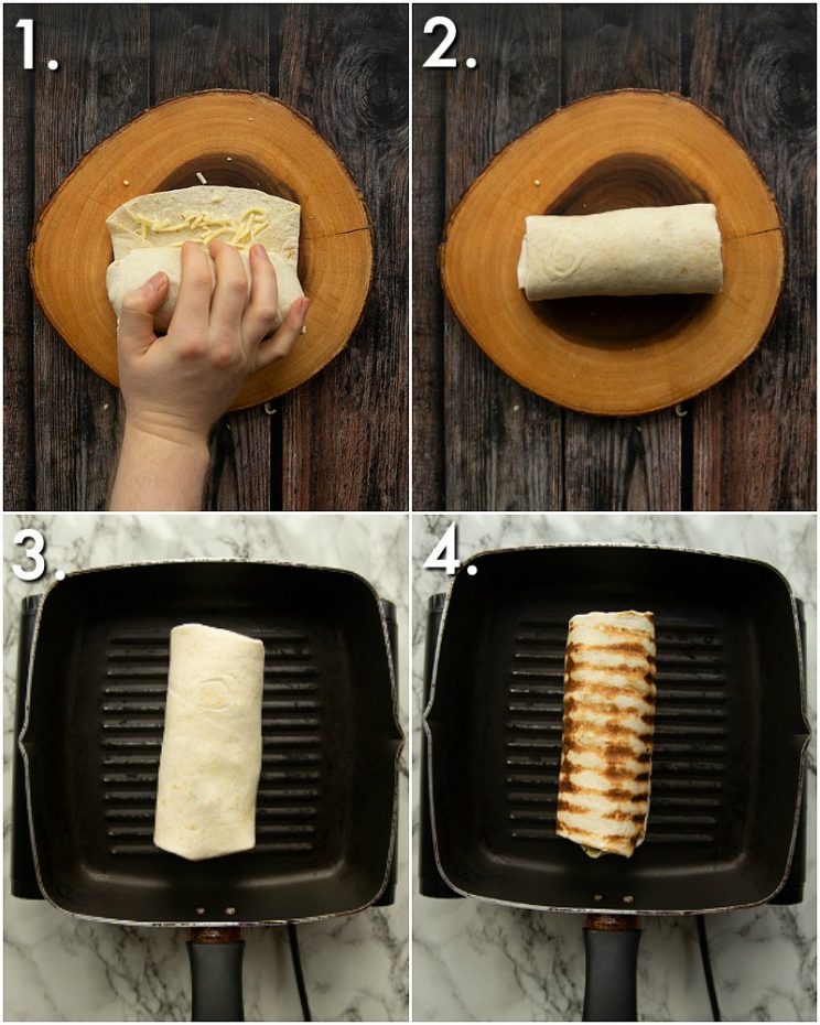 4 step by step photos showing how to make burritos